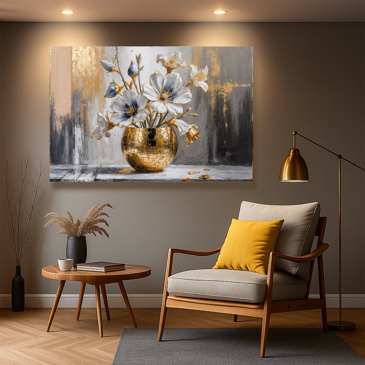 Magnolia Bloom in Gold Abstract Wall Art | Floral Canvas Print