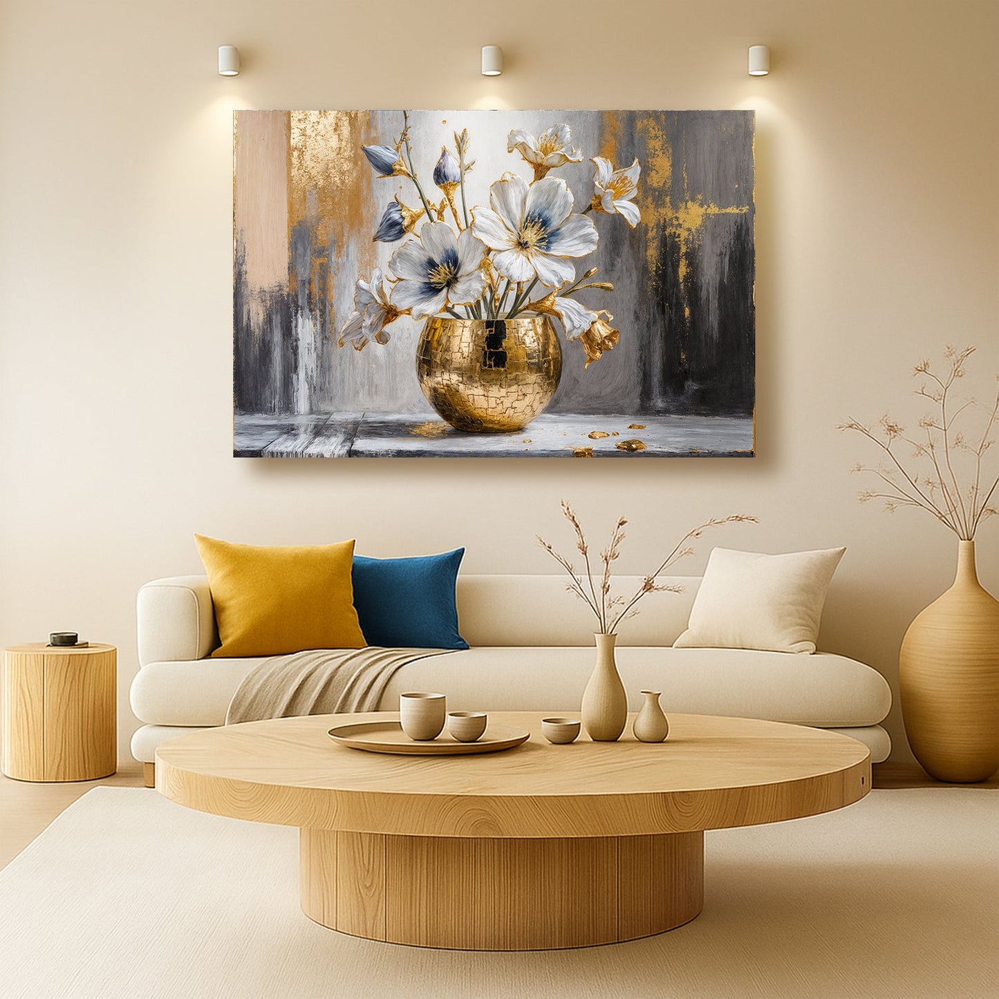 Magnolia Bloom in Gold Abstract Wall Art | Floral Canvas Print