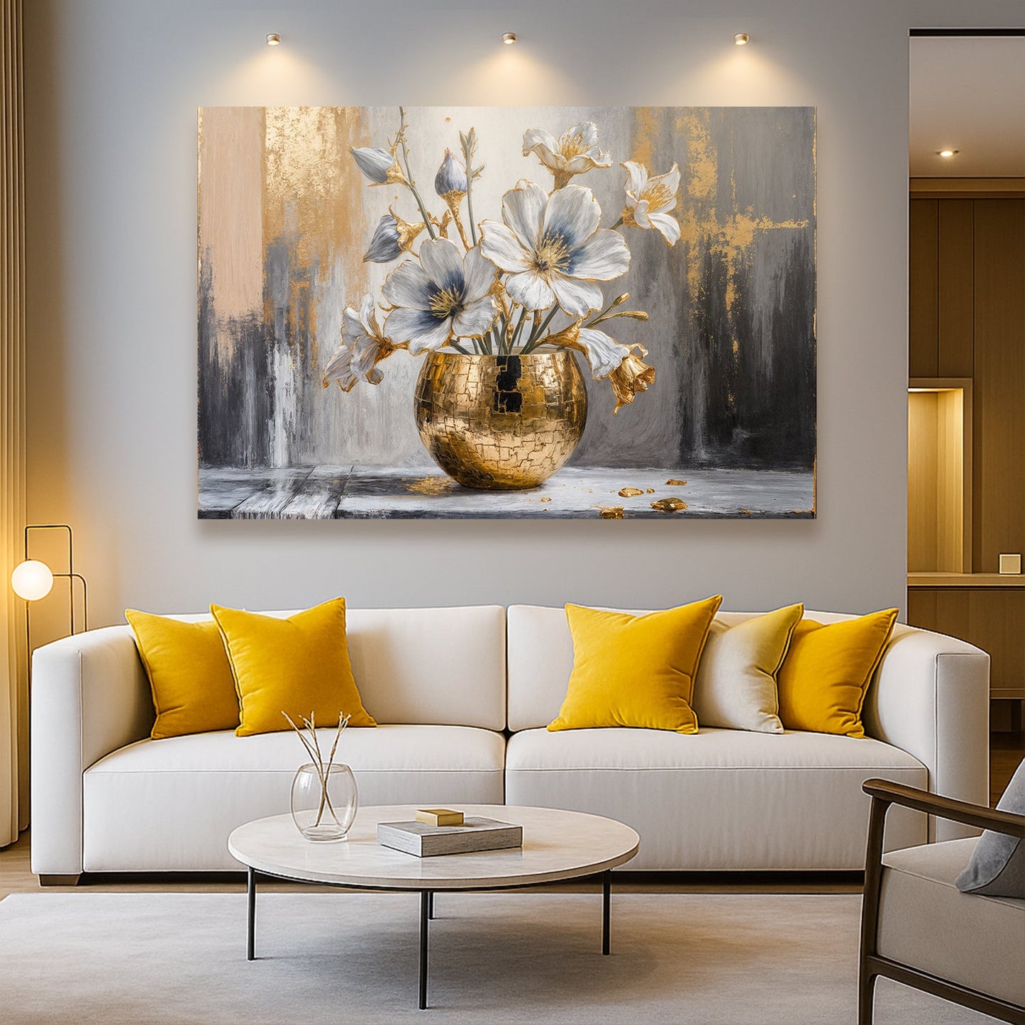 Magnolia Bloom in Gold Abstract Wall Art | Floral Canvas Print