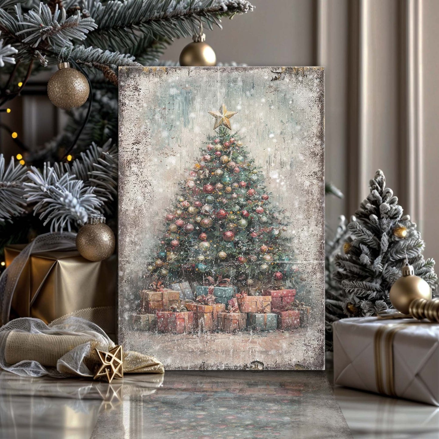Vintage Christmas Tree Print | Retro Holiday Wall Art with Gifts