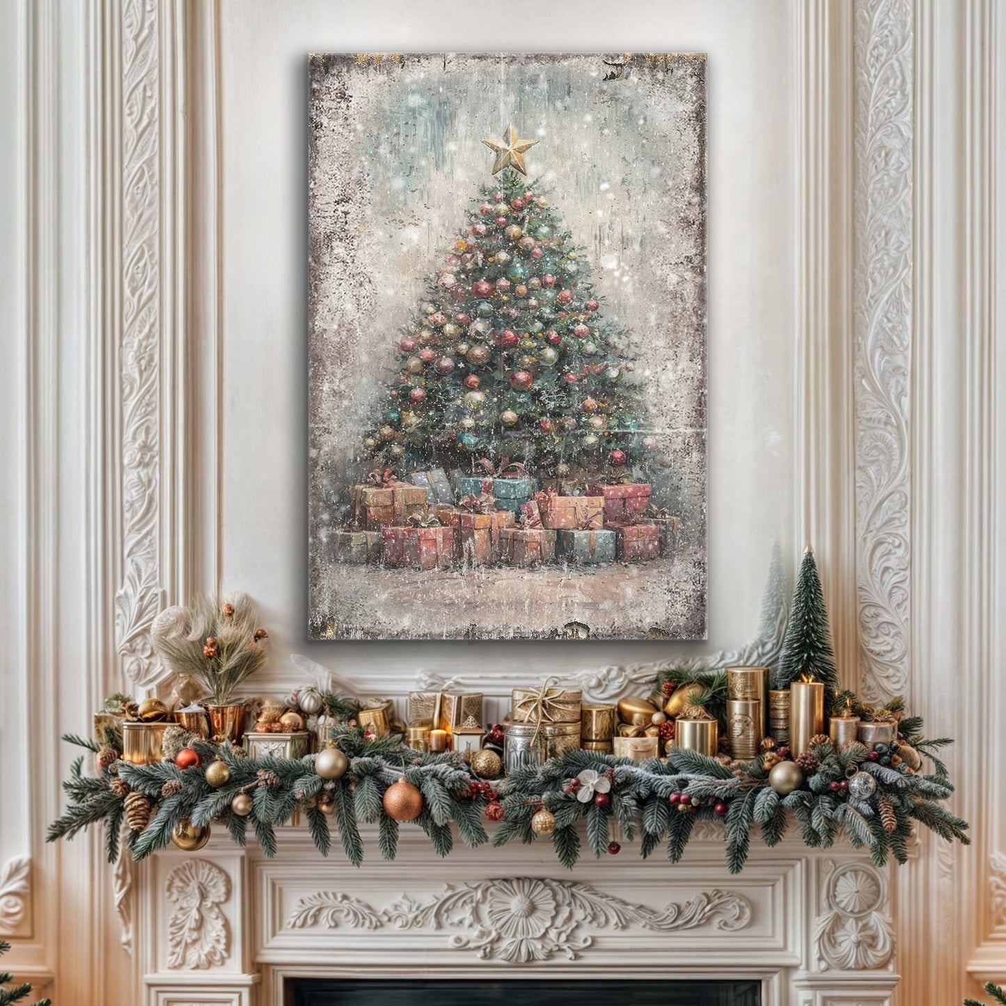 Vintage Christmas Tree Print | Retro Holiday Wall Art with Gifts