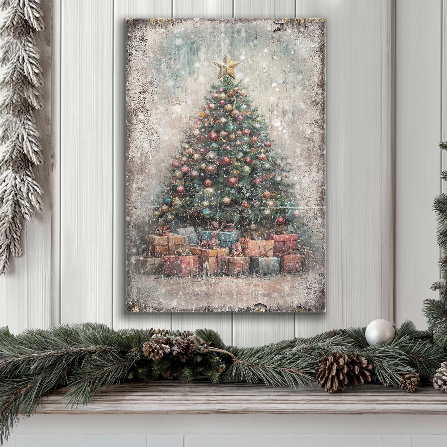 Vintage Christmas Tree Print | Retro Holiday Wall Art with Gifts