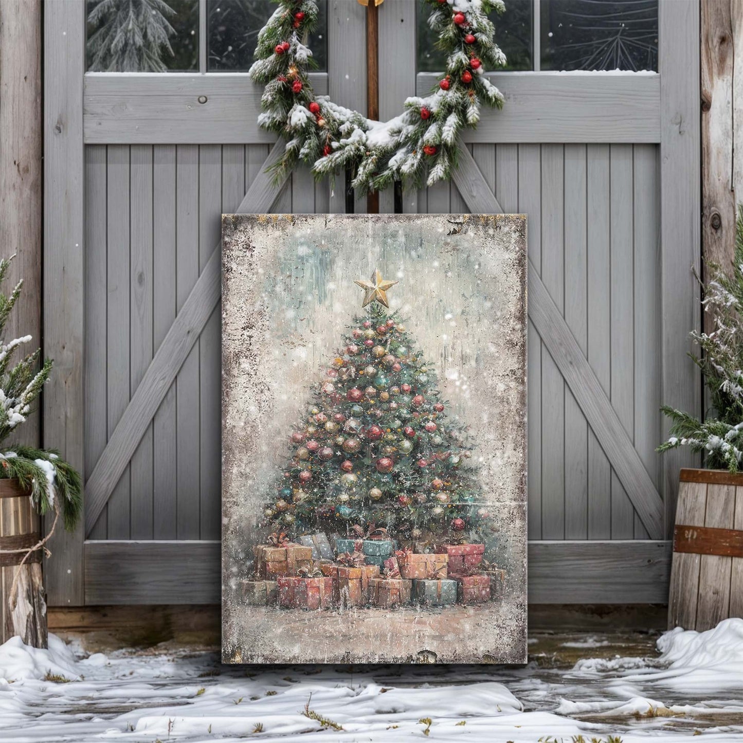 Vintage Christmas Tree Print | Retro Holiday Wall Art with Gifts