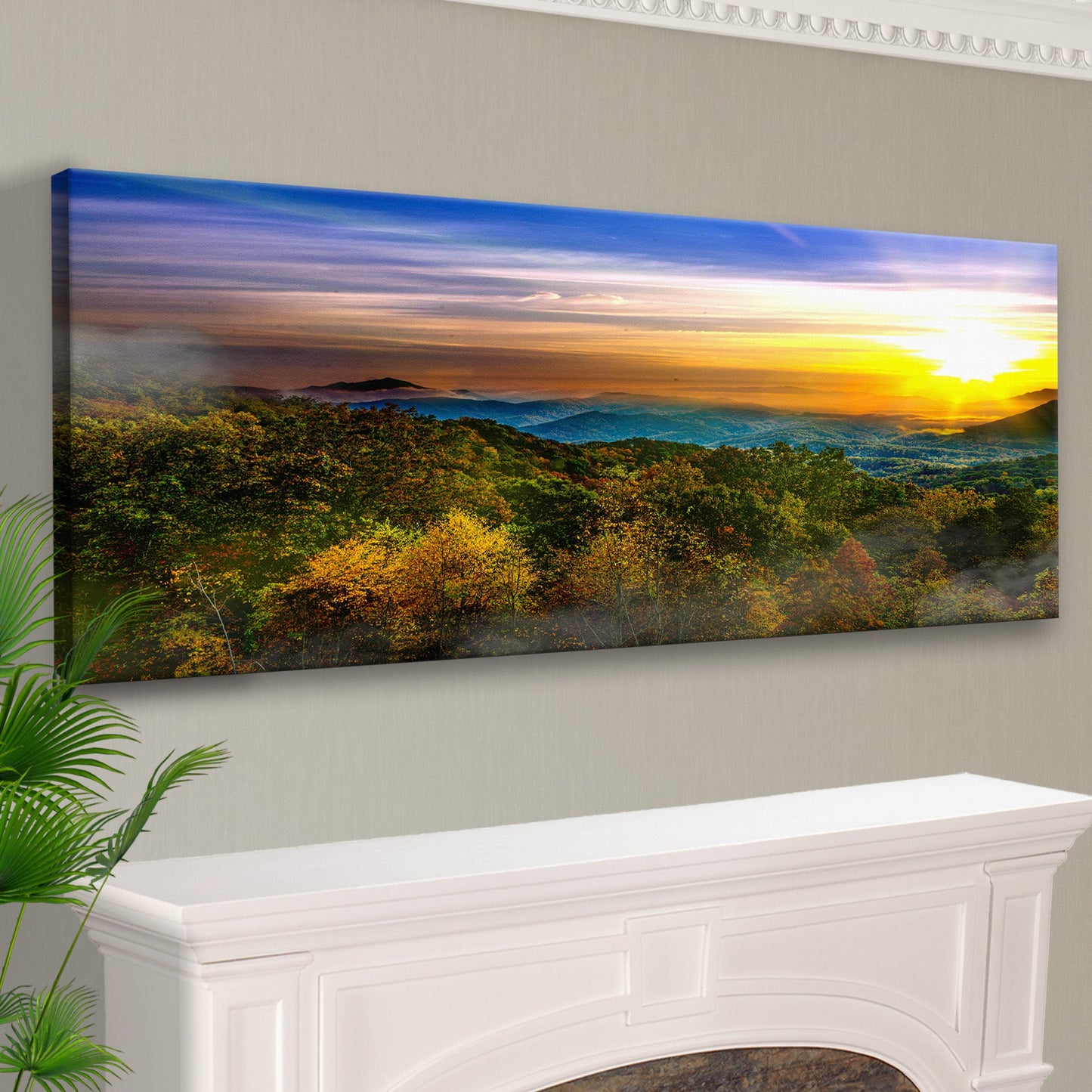 Foggy Mountain At Sunrise Canvas Wall Art | Cozy Nature Home Decor