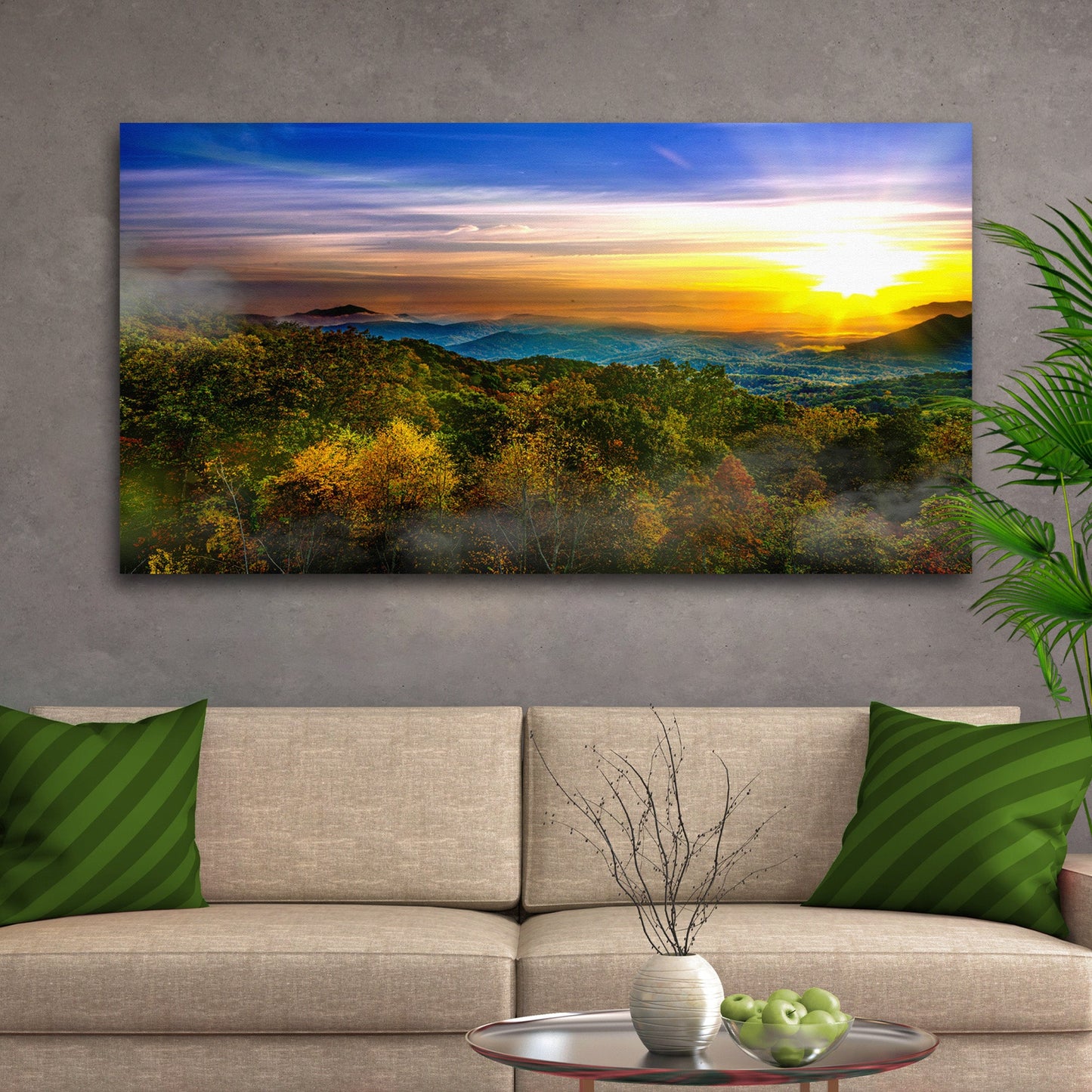 Foggy Mountain At Sunrise Canvas Wall Art | Cozy Nature Home Decor