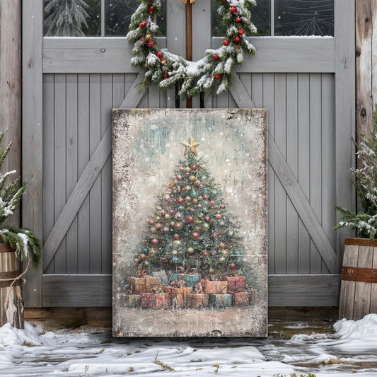 Vintage Christmas Tree Print | Retro Holiday Wall Art with Gifts