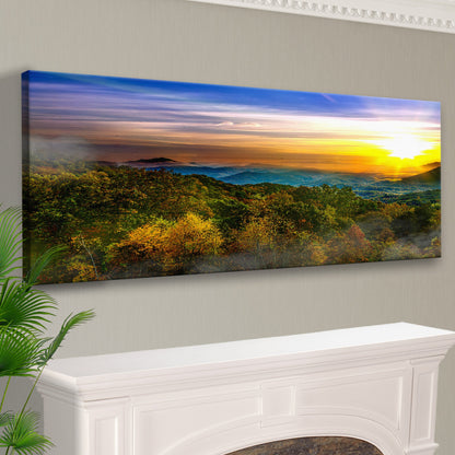 Foggy Mountain At Sunrise Canvas Wall Art | Cozy Nature Home Decor